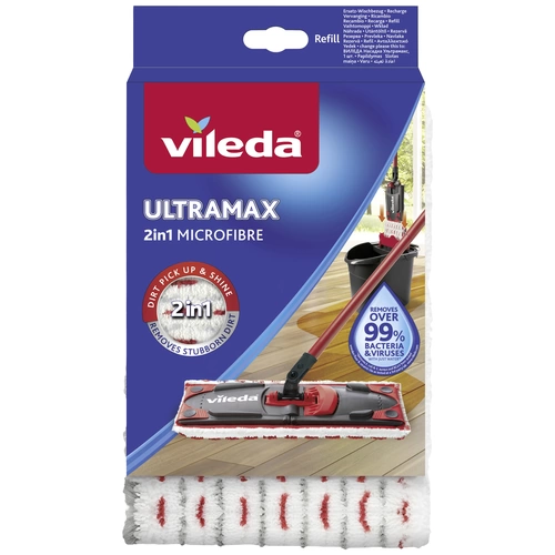 Verpackung von Vileda Ultramax 2in1 Mikrofaser-Mopp: Zeigt Mopp und Eimer, betont die Entfernung von hartnäckigem Schmutz und Bakterien.